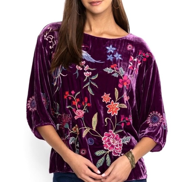 NEW Johnny Was Velvet Boatneck Blouse Floral Bird Embroidery Deep Plum Size L - Picture 1 of 15